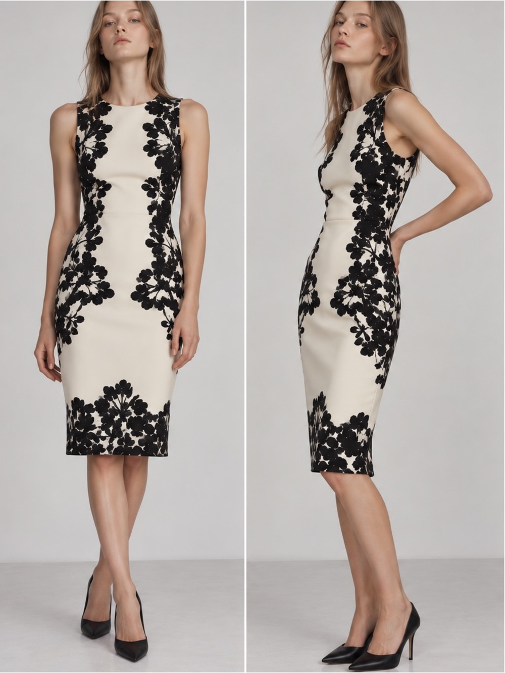 Yigal Azrouël Black Ivory Floral Sheath Cocktail Dress Size 6